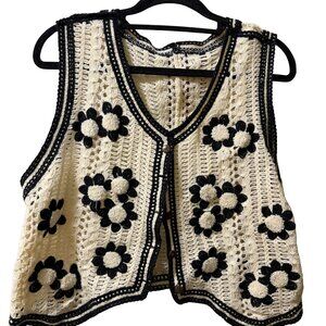 Cream & Black Crochet Floral Knit Vest